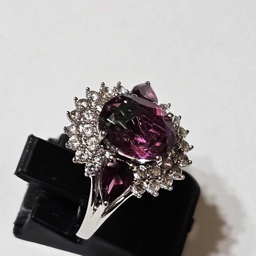 Genuine Watermelon Quartz & Multi Gemstone Ring Platinum over 925 Sz 6! - Picture 5 of 13
